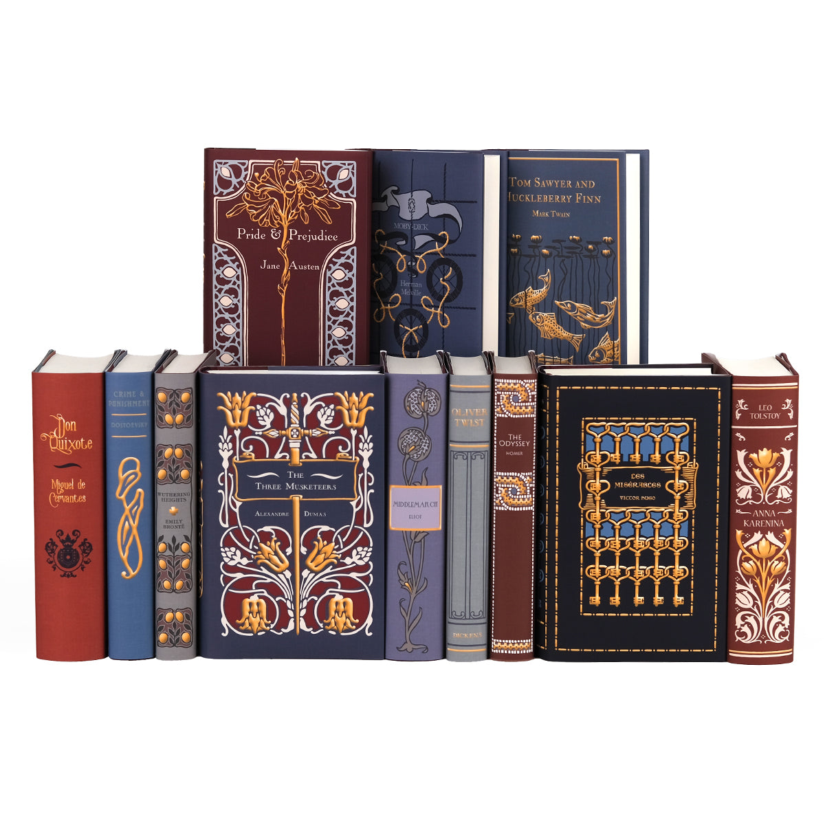 Shot of BESO front covers from Juniper Custom. Book covers feature ornamental design, book title, and author name.