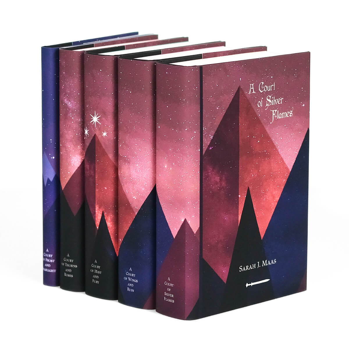 Custom collectible dust jackets feature pink and purple mountains adorned with three stars span across book spines in the A Court of Thorns and Roses Book Set.