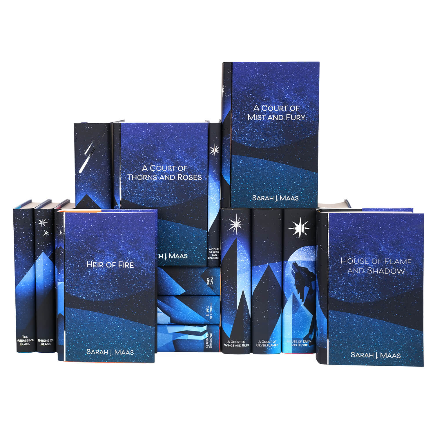 Front view of the covers of Throne of Glass, A Court of Thorns and Roses, and Crescent City by Sarah J Maas in the Sarah J Maas Universe Starlight Limited Edition Book Set from Juniper Books. The covers feature the book title and author name in silver foil set against a blue-black starry night sky. Each book has a similar cover style.