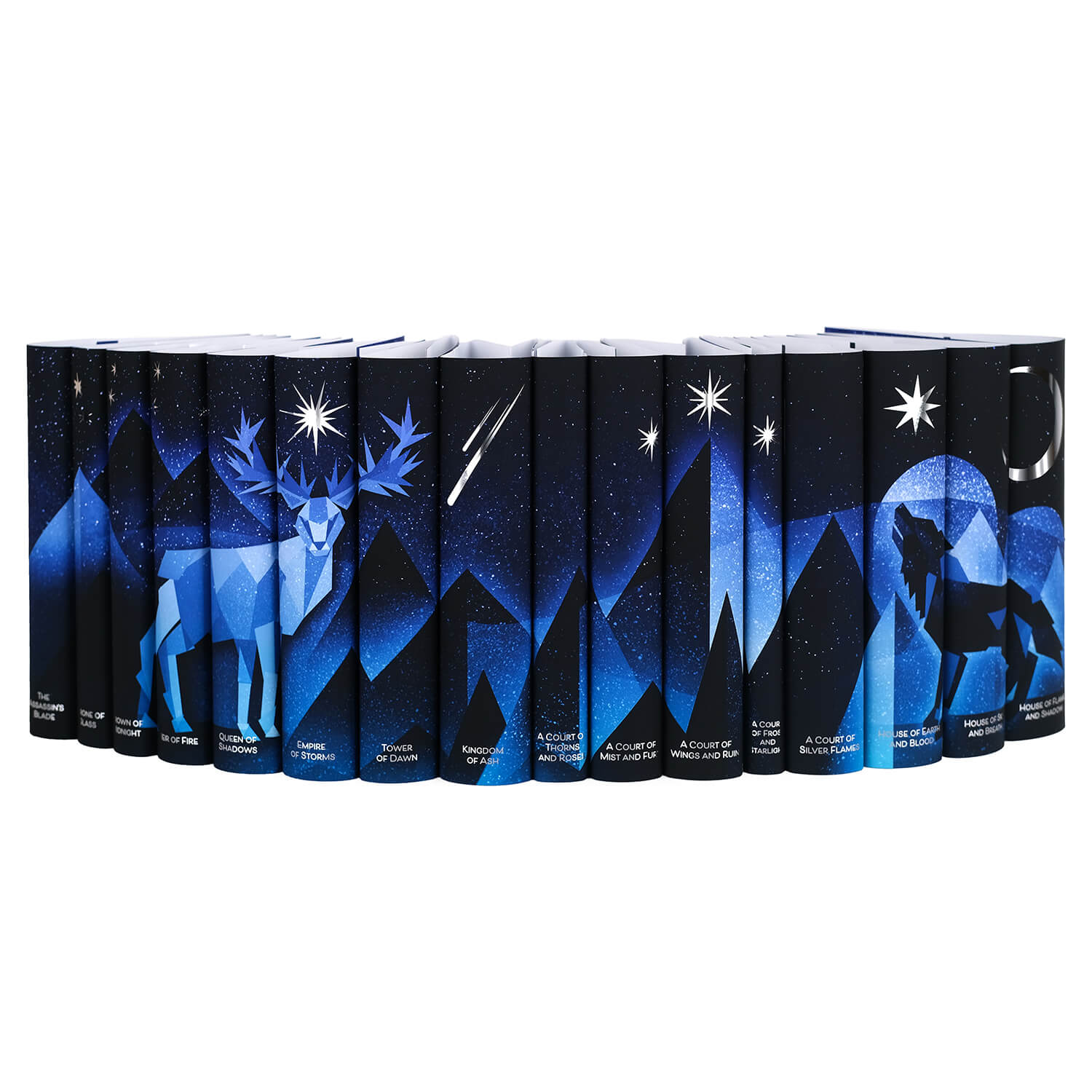 Jackets only of The Sarah J Maas Universe Starlight Limited Edition Book Set by Sarah J Maas from Juniper Books, with a connected monochromatic blue illustration of a stag, mountains, and a wolf on a deep blue-black starry background accented with silver foil stars, moon, and book titles.
