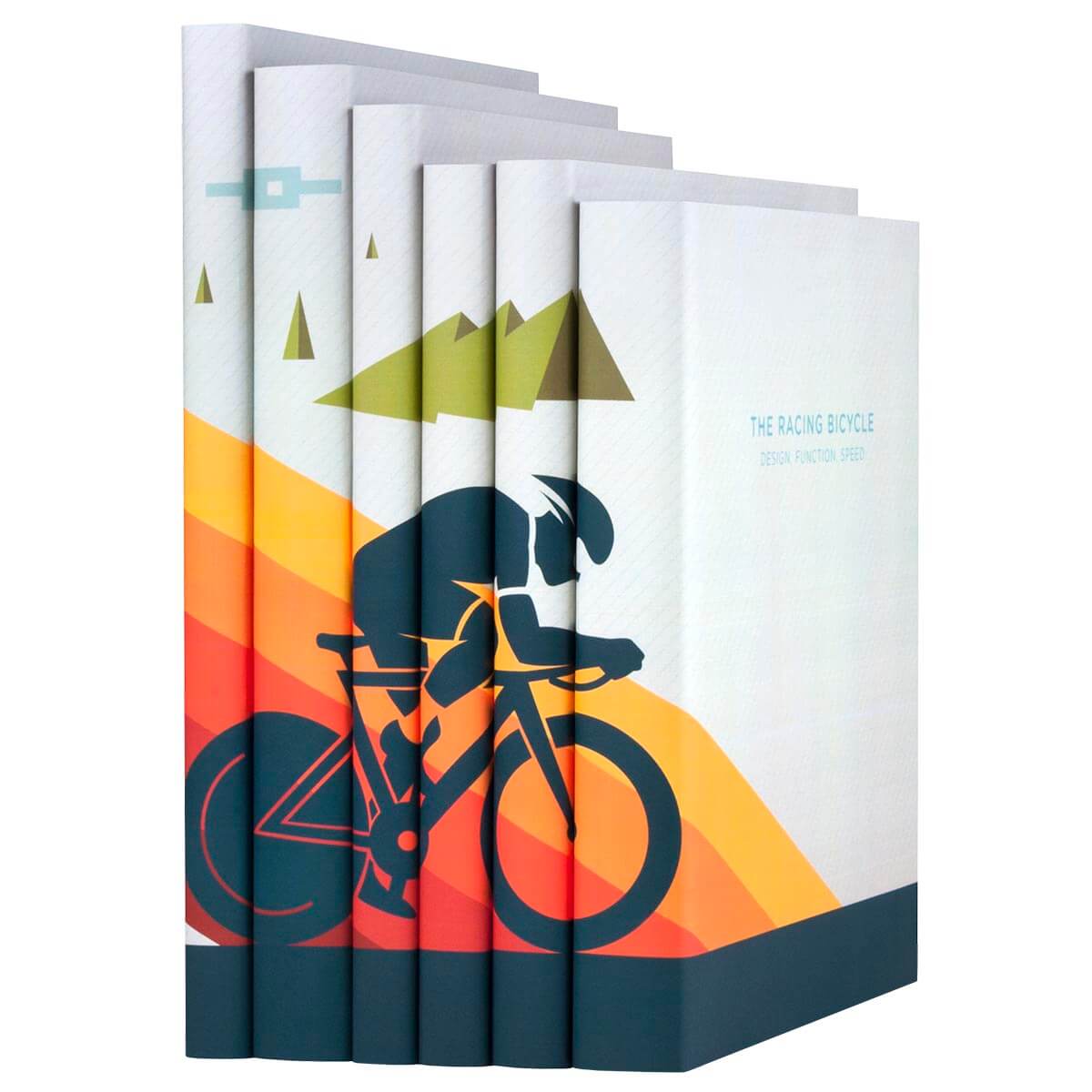 This made-to-order (MTO) set of 6 hardcover cycling books introduces the world of competitive cycling. Each book is wrapped in colorful jackets that together showcase a cyclist in action, racing across the spines. Perfect for cycling fans and hobbyists, these books will help readers explore and expand their knowledge of the sport.