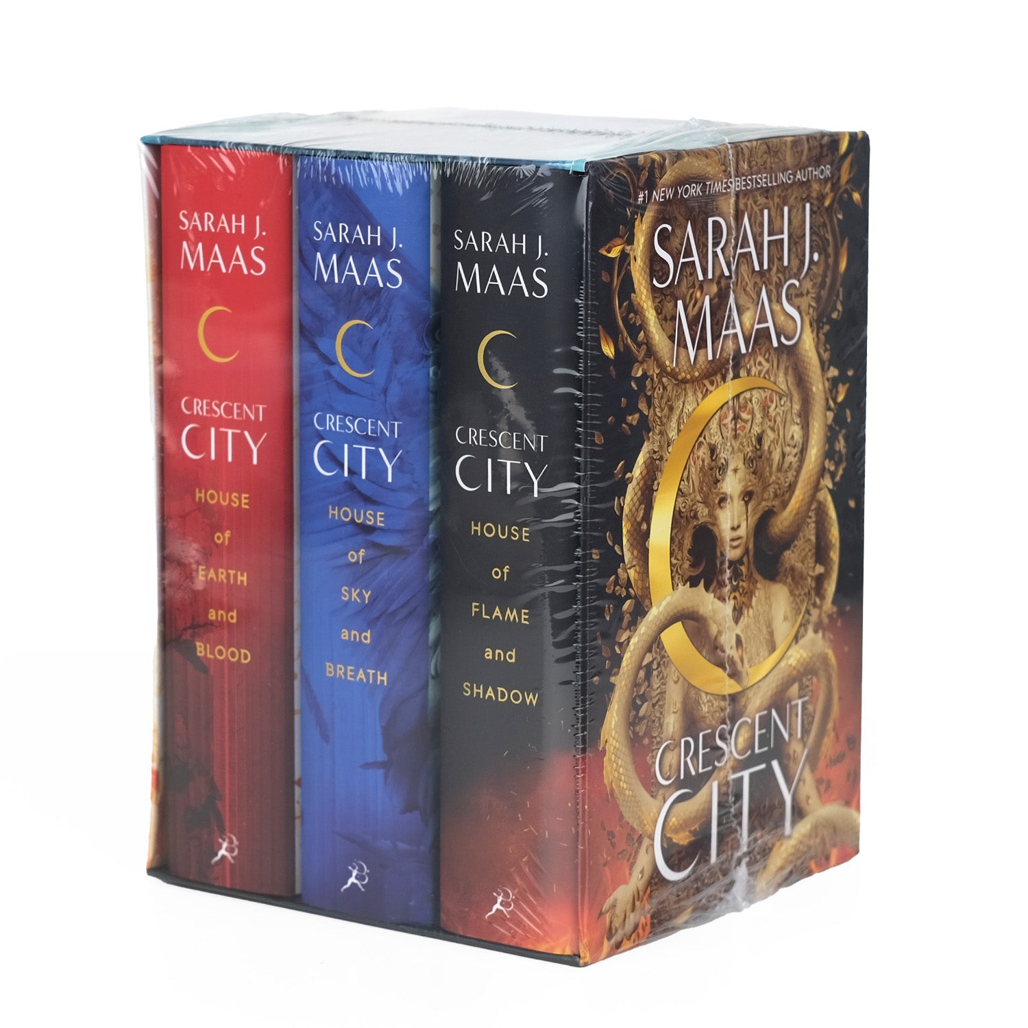 Angled view of Crescent City Series by Sarah J Maas brand new shrink wrapped in the publisher box.
