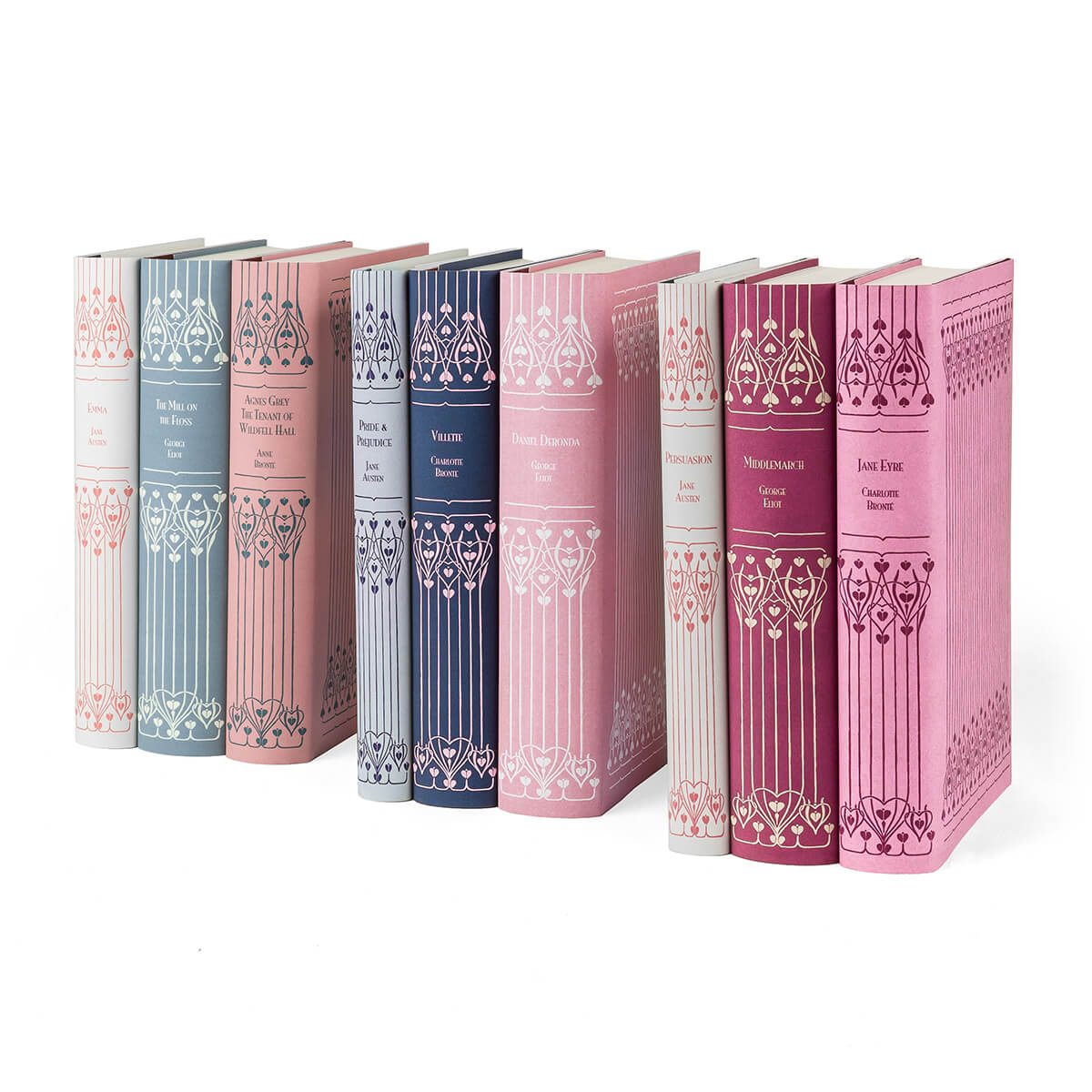 Each book included is a clothbound Everyman's Library edition, wrapped in custom-printed jackets inspired by the look of Victorian bindings. Choose from sets of three in the curated colorways Vintage Rose, London Fog, and Midnight Navy, or purchase the complete set of all nine!