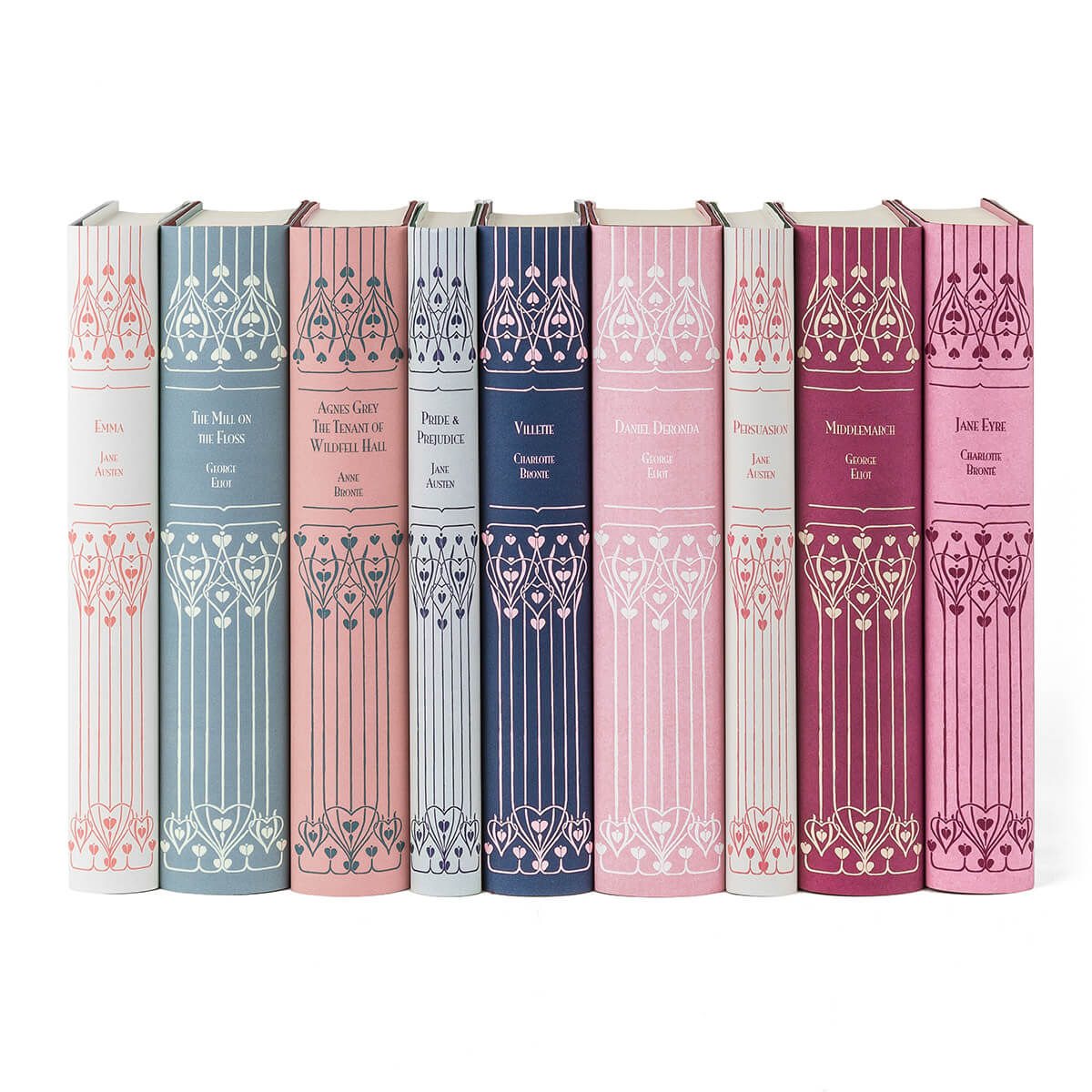 Each book included is a clothbound Everyman's Library edition, wrapped in custom-printed jackets inspired by the look of Victorian bindings. Choose from sets of three in the curated colorways Vintage Rose, London Fog, and Midnight Navy, or purchase the complete set of all nine!