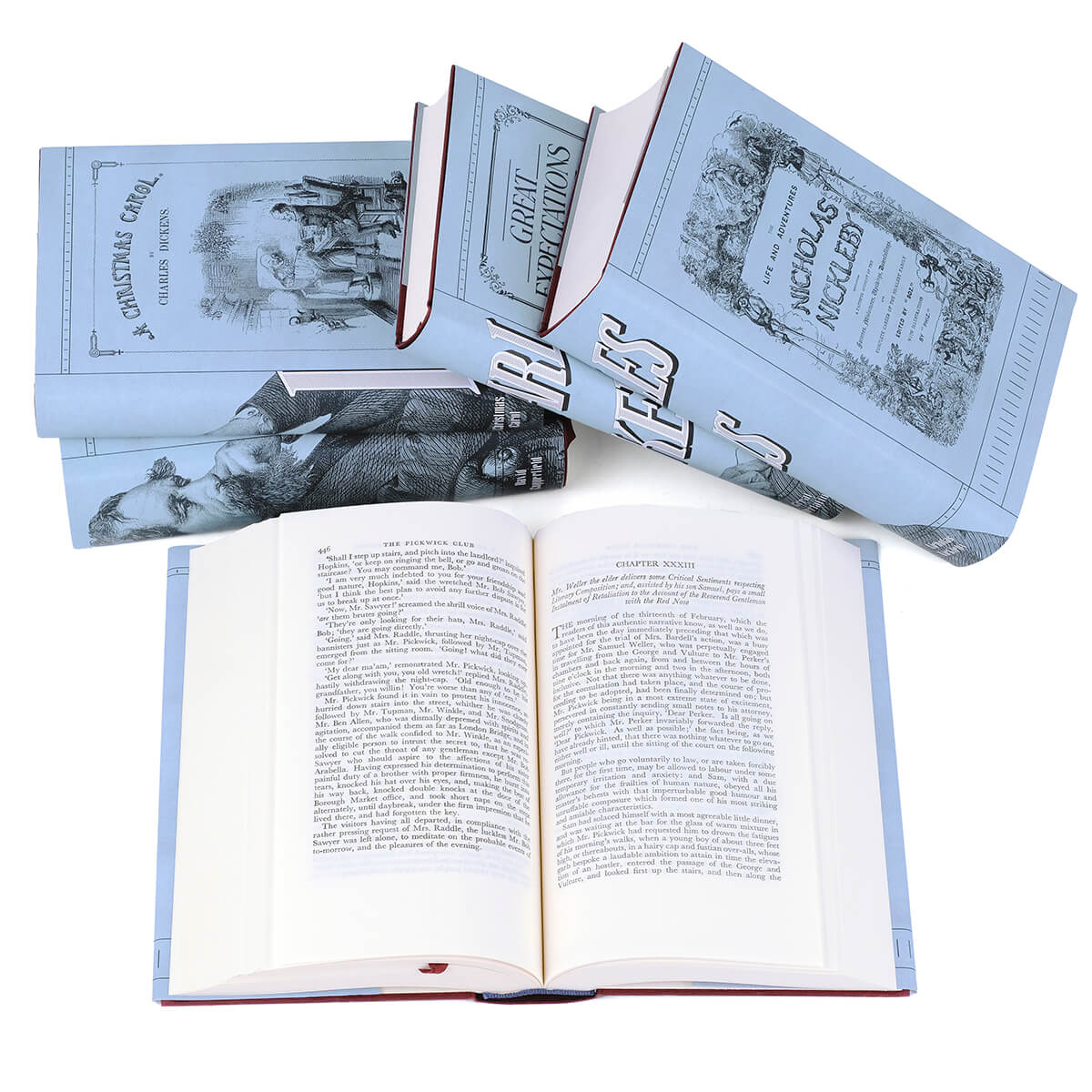 Our Charles Dickens set includes 6 masterpieces, including David Copperfield and Great Expectations. Each book is an heirloom quality hardcover edition published by Everyman's Library. We have wrapped the set in an original jacket design featuring a portrait of Dickens, classic 19th century typography, and a unique blue that references the original first edition covers of Dickens' serial publications.