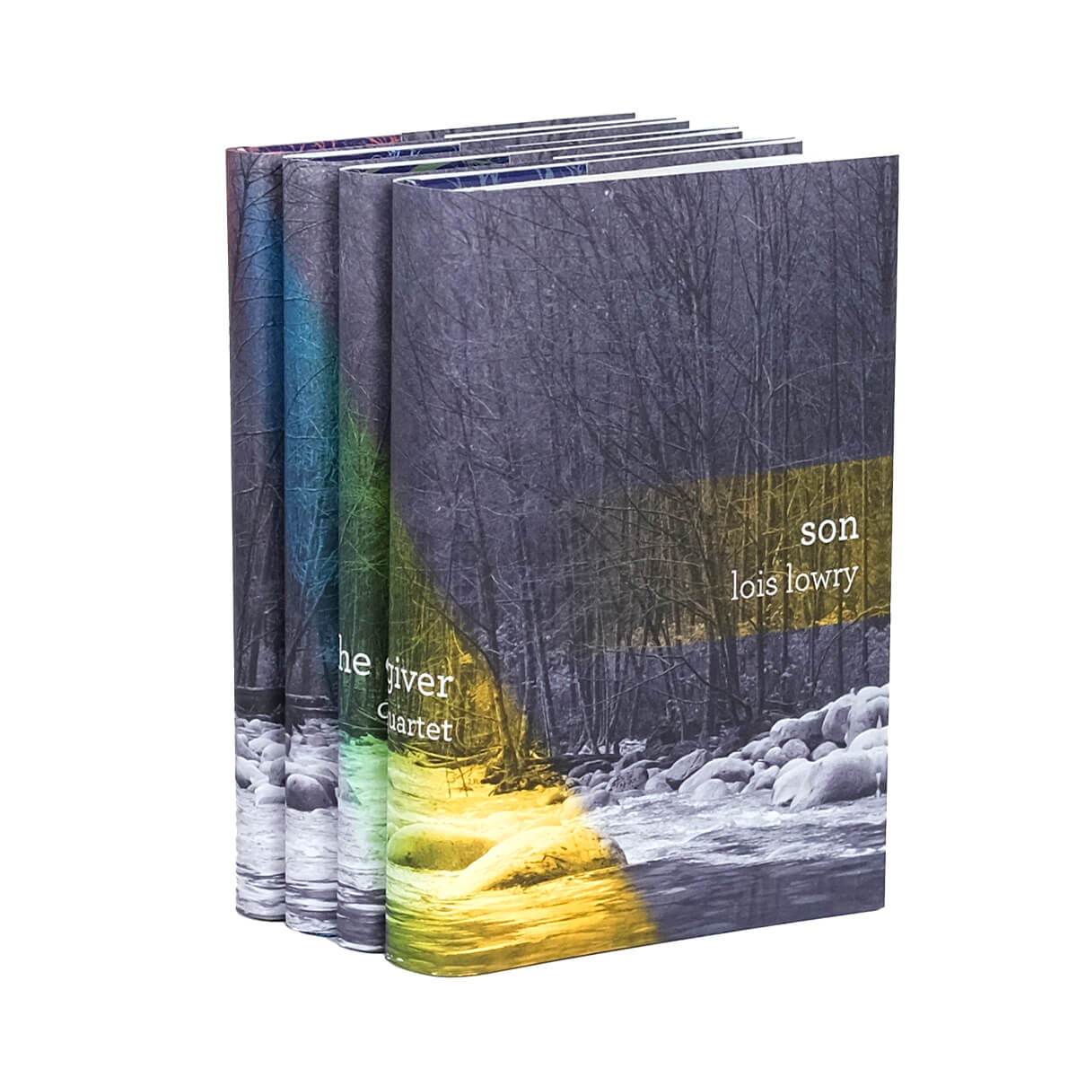 The Giver Quartet custom collectible dust jackets by Juniper Custom. Photo of woods and a river in black and white with a rainbow stretching across spines. The Giver typed across spines in simple white serif font.