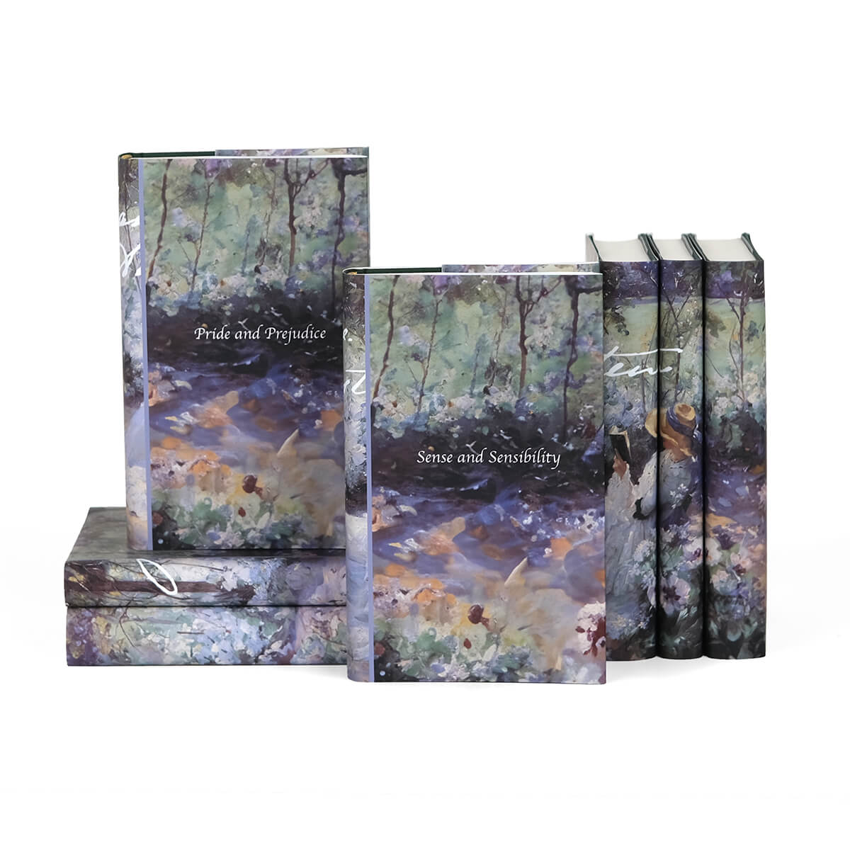 Front covers of dust jackets feature a garden of greens and purple. Book title centered in a white serif font.