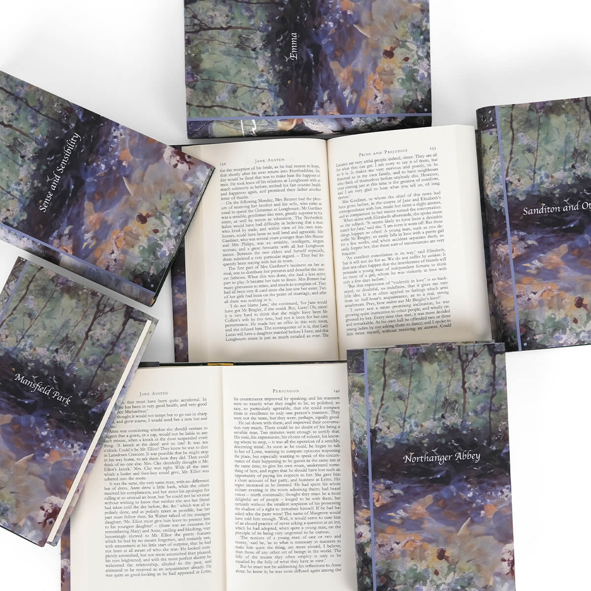 Close up of print size of Everyman's Library books in the Jane Austen Book Set from Juniper Books. Open book surrounded by other jacketed books in the set.