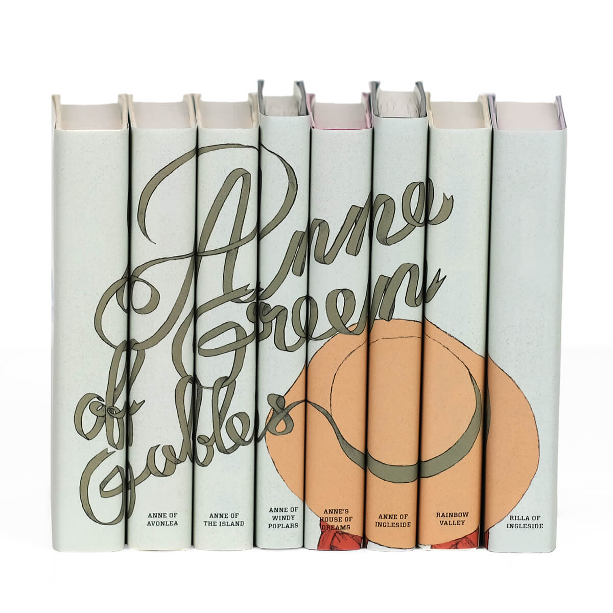 Green book covers featuring a girl in a large hat. Collectible custom dust jackets from Juniper Custom.