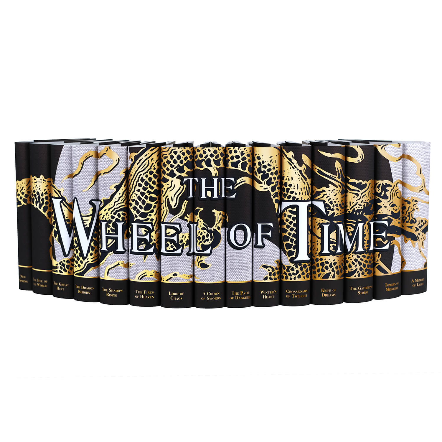 Jackets only of The Wheel of Time Book Set by Robert Jordan from Juniper Books, with a connected illustration of a gold foil dragon and a textured black and white yin yang background with book titles at base of the spine in gold foil.