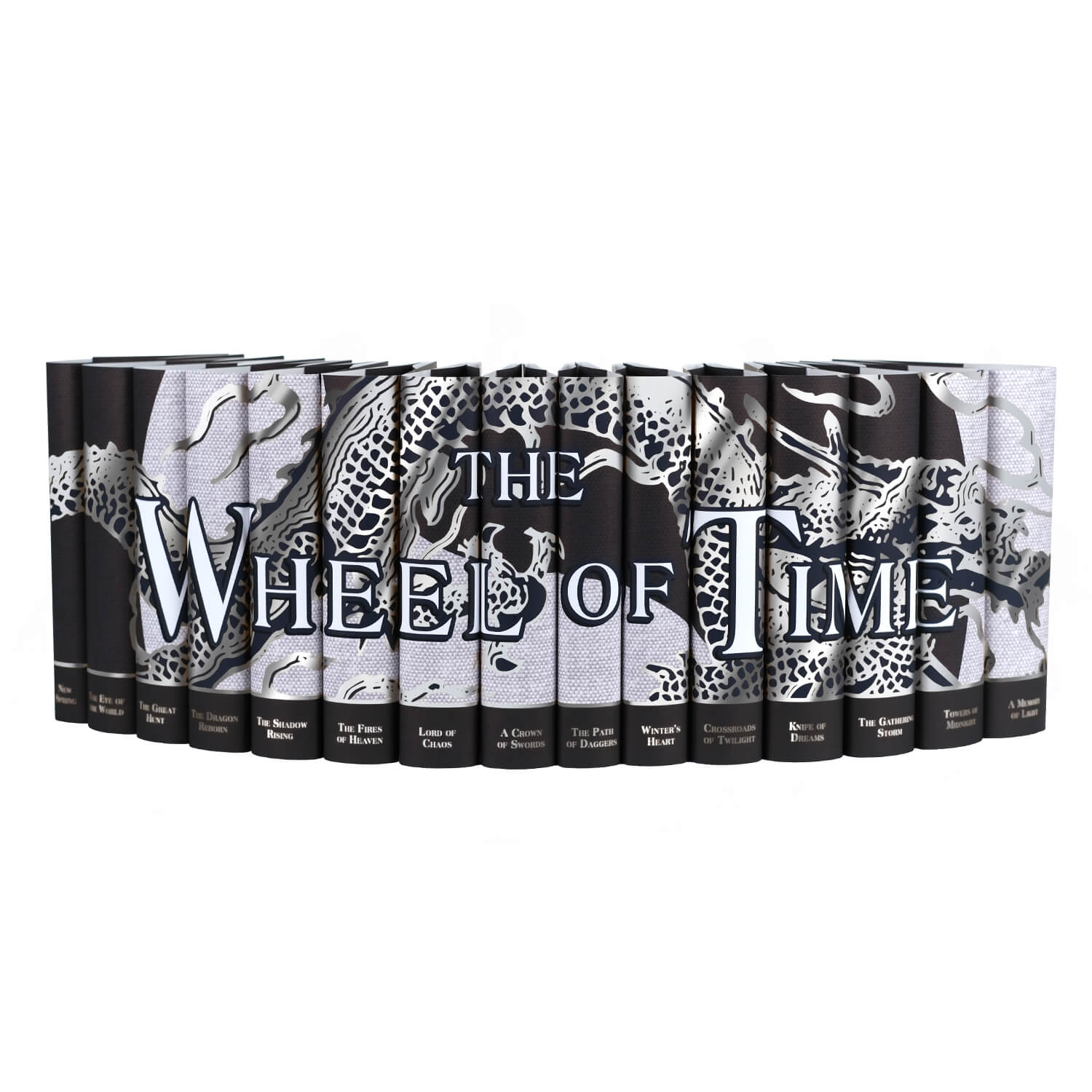 Jackets only of The Wheel of Time Book Set by Robert Jordan from Juniper Books, with a connected illustration of a silver foil dragon and a textured black and white yin yang background with book titles at base of the spine in silver foil.