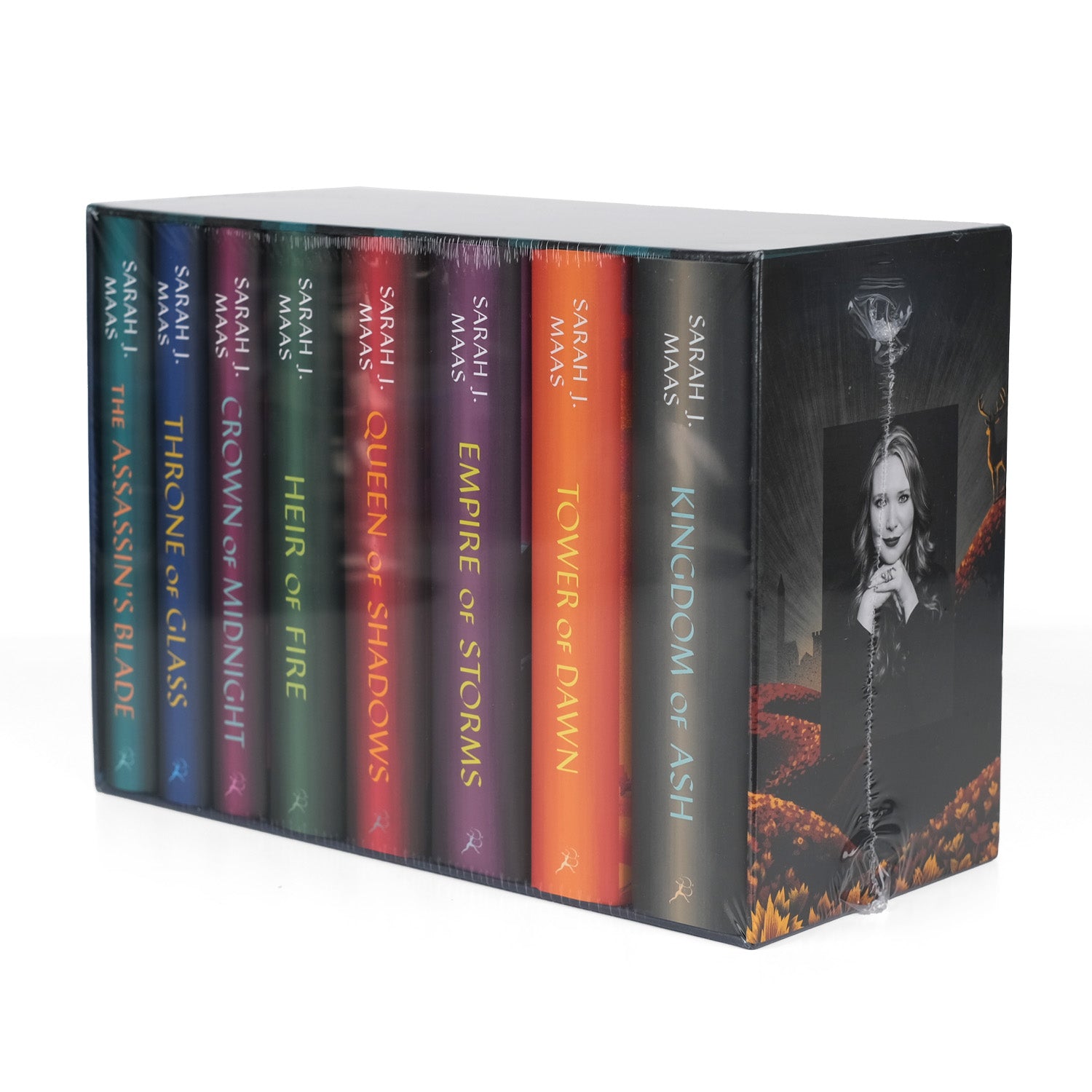 Angled view of Throne of Glass by Sarah J Maas brand new shrink wrapped in the publisher box.