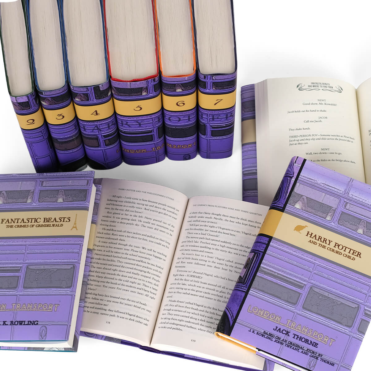 Detail shot of open book to display book print size set against book spines. Open book surrounded by a few other books in series with front covers facing up.