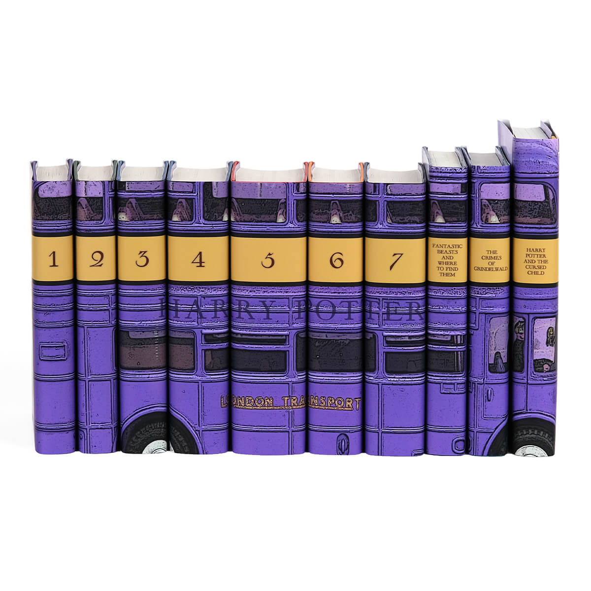 Harry Potter Bus, Jackets Only set from JuniperCustom. Purple London bus stretches across book spines. Book number and titles centered on spines. Purple knight bus book set