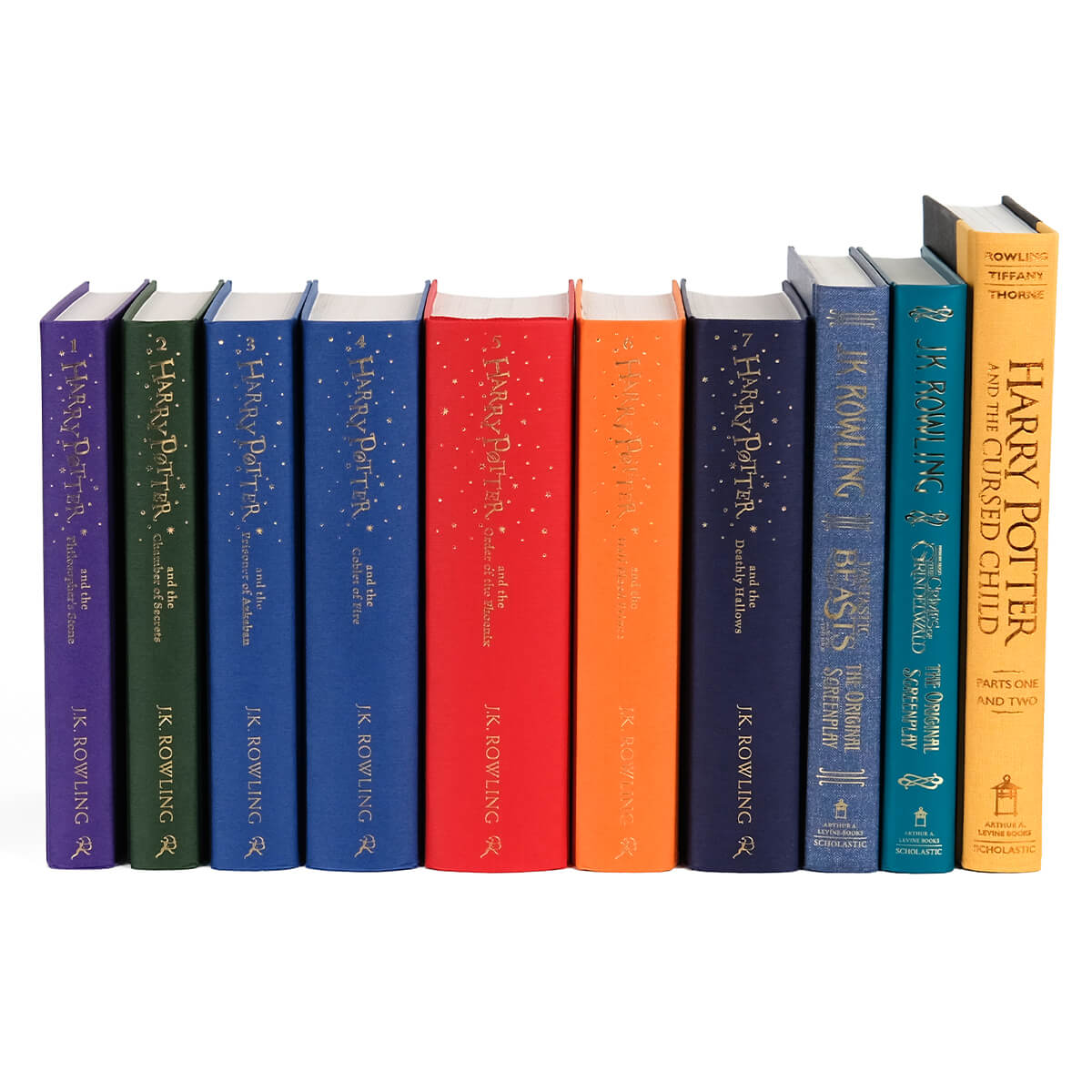Unjacketed book spines in the Harry Potter Bus set. UK Harry Potter editions, Fantastic Beasts, Crimes of Grindelwald, and Cursed Child are featured in this set.