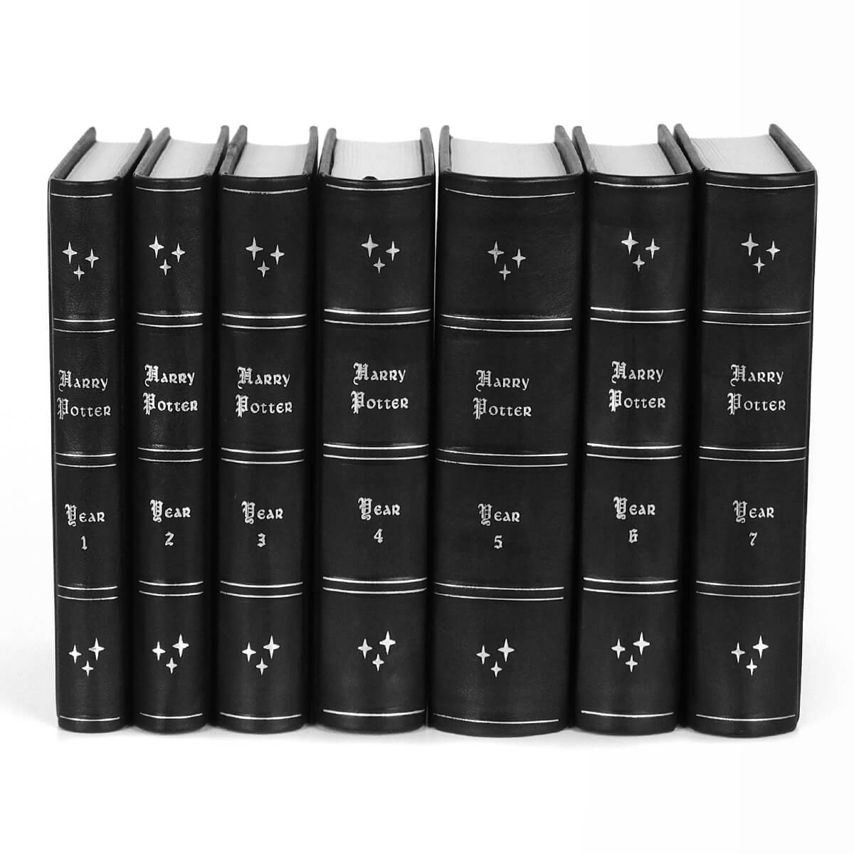 Genuine black leather Harry Potter from Juniper Books with silver book titles, silver ornaments, and  silver stars on spines.