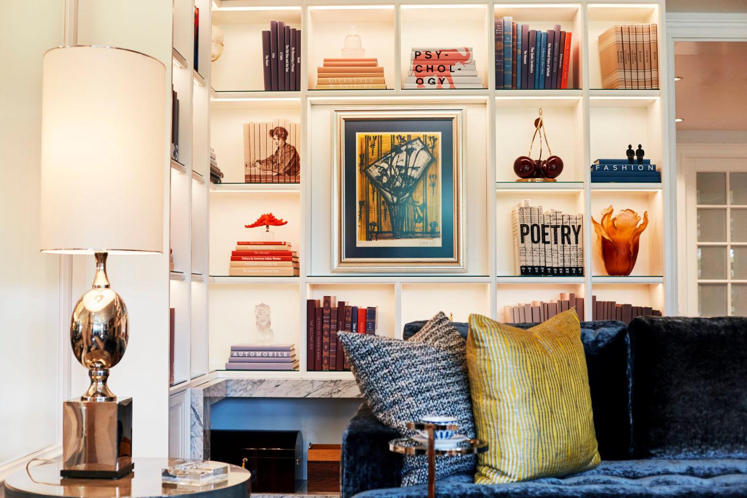 Stylish shelf and books for virtual and zoom backgrounds.