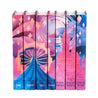 A set of five hardcover books with book jackets arranged side by side to form a continuous illustration of a carousel, a castle, a circus tent, and pale yellow stars set against a pink, purple, and blue sunset. The spines of the books have the book titles in white and dark blue.