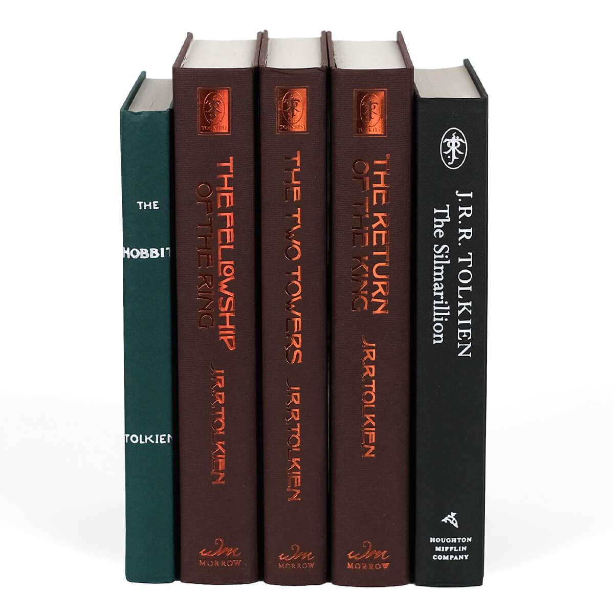 Unjacketed spines of books in the Tolkien's Epic Journey Book Set. Books in Feature author, book title, and publisher on the spine.