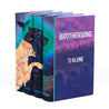 A set of four hardcover books with custom dust jackets, positioned at an angle. The book spines form a continuous illustration of two wolves, one light-colored and one dark, embracing with a black bird flying overhead against a vibrant background of teal, blue, and purple. The covers features book title and author name in white with a purple and pink sky over a forest silhouette. The spines of the book covers feature the book titles at the base of each book.