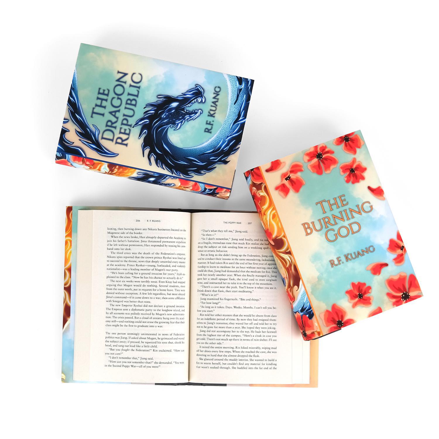 Burning God and The Dragon Republic are shown with colorful covers featuring bold designs—one with red poppies and the other with a dragon illustration. An open book displays text from The Poppy War, showcasing its interior layout and font size.