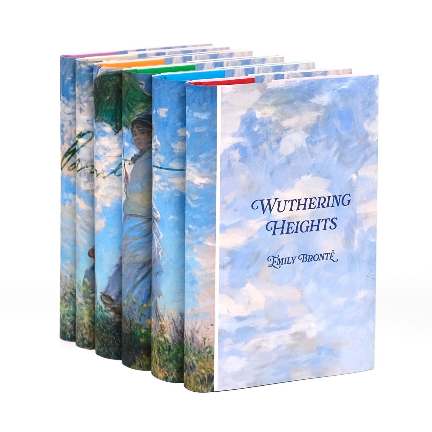 A set of Brontë Sisters classic novels displayed in a row with matching artistic dust jackets featuring a painted sky with clouds and a figure holding an umbrella. The front book in focus is "Wuthering Heights" by Emily Brontë, with its title and author written in elegant font on the cover. 