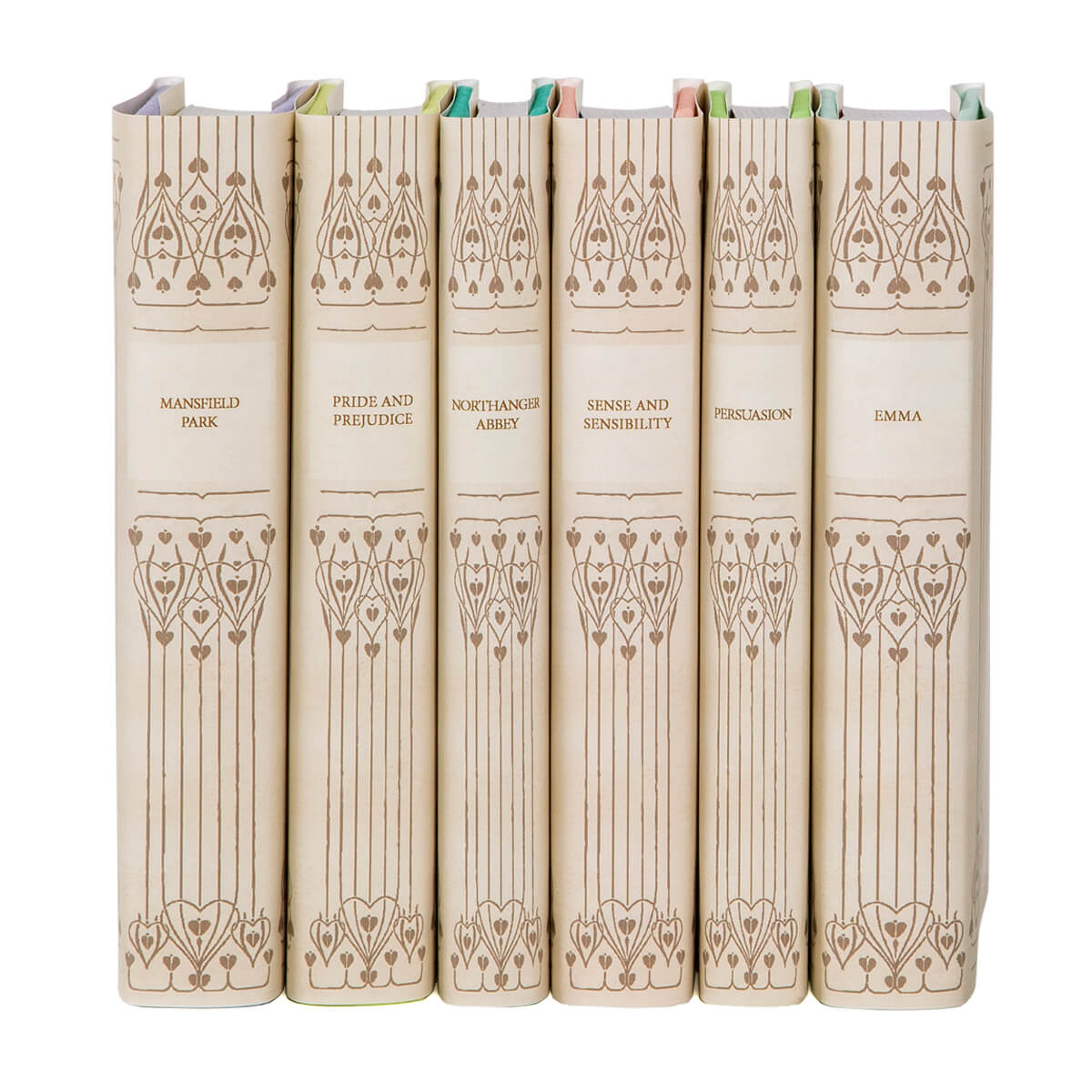 Faux Vellum jackets with ornamental design and book title on spine. Jane Austen Vellum Book Set from Juniper Custom