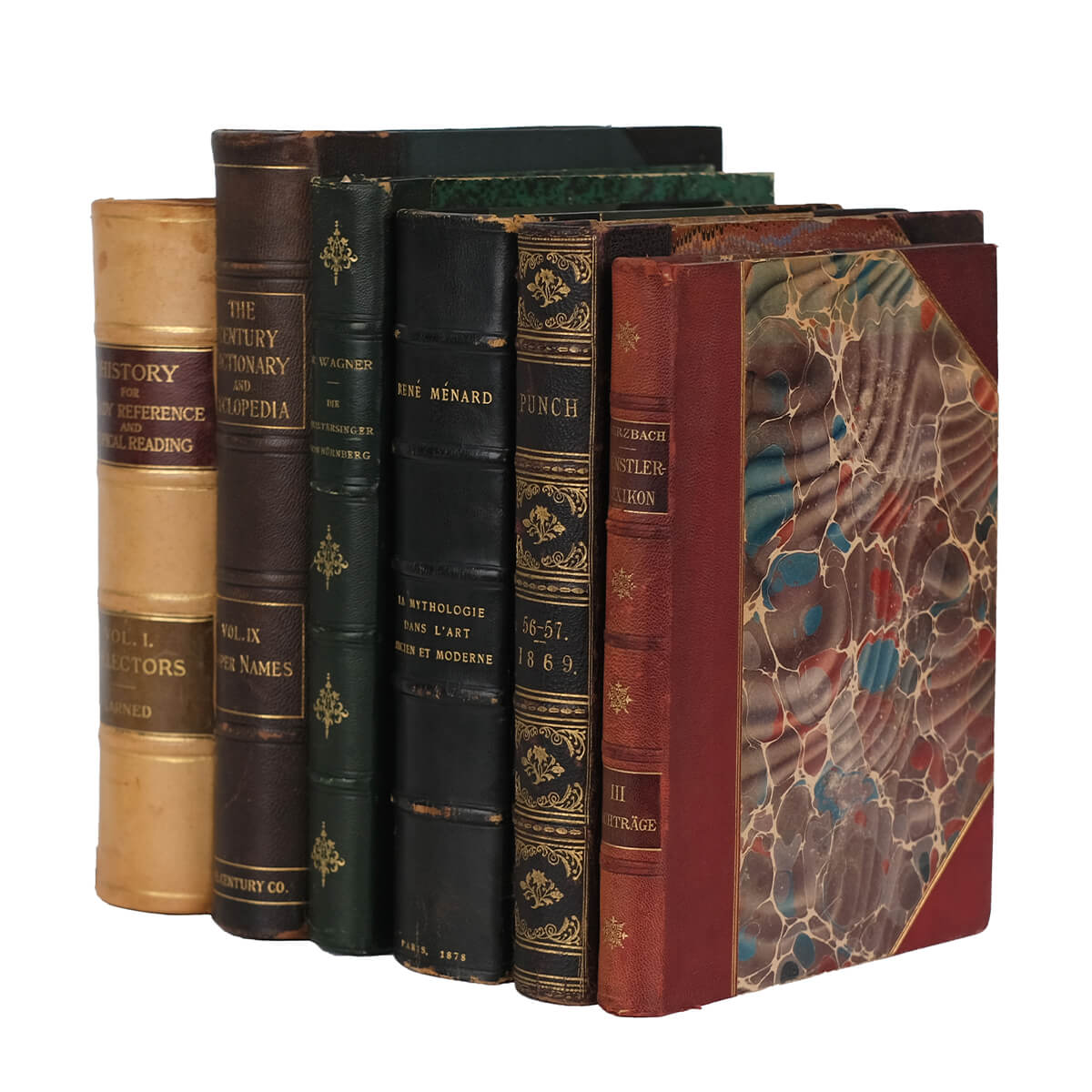 A collection of six vintage leather books from the 1800-1900s shown at an angle on a white background. The cover visible on the right end of the collection features a unique marbled pattern in cream, red and blue. The spines are adorned with gold embellishments and refined gold typography. The books are bound in a diverse range of colored leather, including green, vibrant orange, black, and various shades of classic brown leather.