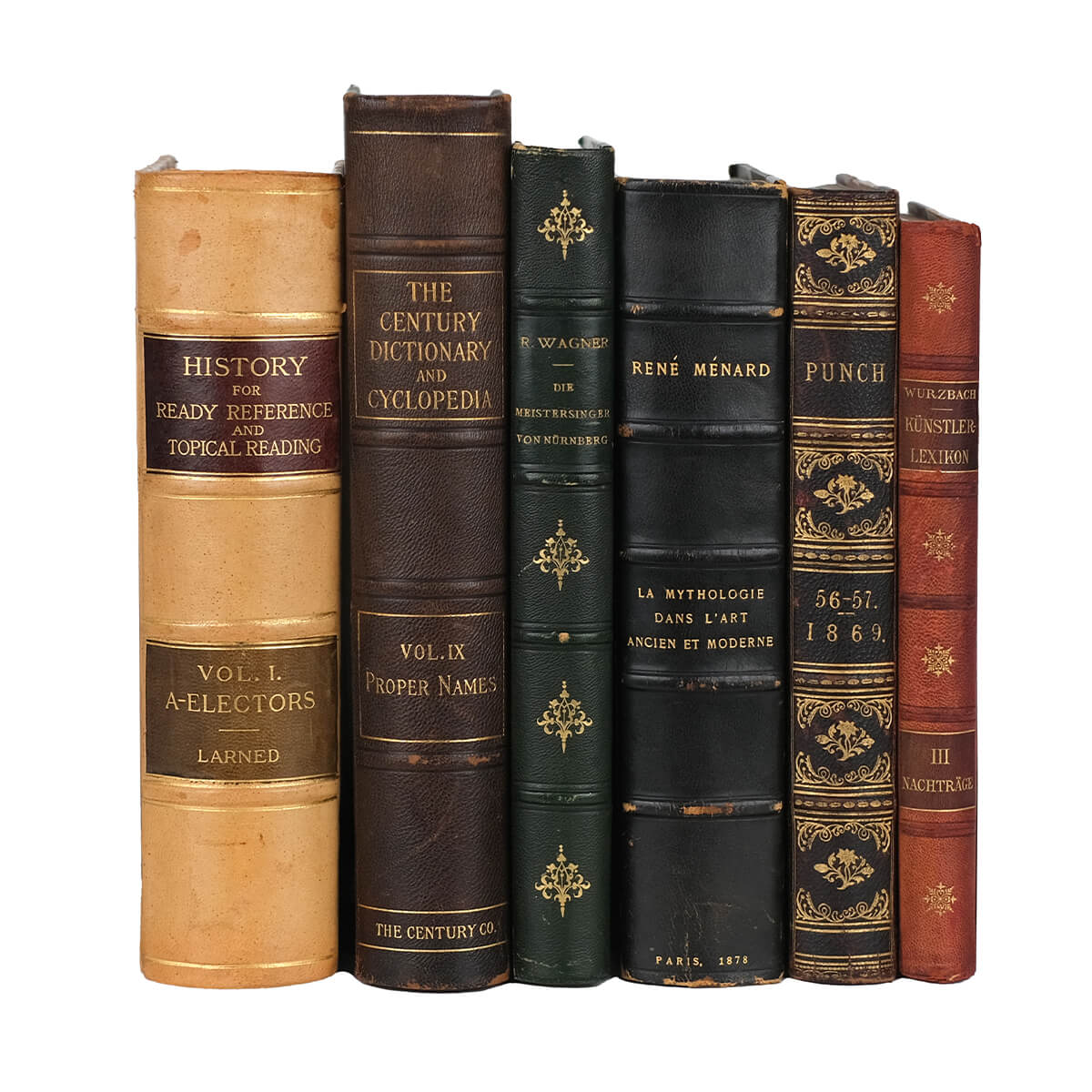 A collection of six vintage leather books from the 1800-1900s shown from the front on a white background. The spines are adorned with gold embellishments and refined gold typography. The titles showcase titles in German, French, and English, and explore a variety of topics in the arts and humanities. The books are bound in a diverse range of colored leather, including green, vibrant orange, black, and various shades of classic brown leather.