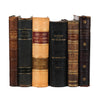 A collection of six vintage leather books from the 1800-1900s shown from the front on a white background. The spines are adorned with gold embellishments and refined gold typography. The titles on the spines showcase titles in German, French, and English, and explore a variety of topics in the arts and humanities. The books are bound in varied shades of brown and black leather.