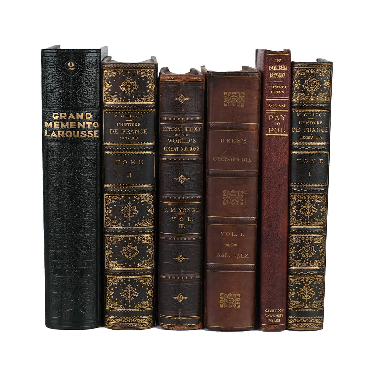 A collection of six vintage leather books from the 1800-1900s shown from the front on a white background. The spines are adorned with gold embellishments and refined gold typography. The titles on the spines showcase titles in French and English, and explore a variety of topics in the arts and humanities. The books are bound in varied shades of brown, black, red, and dark green leather.