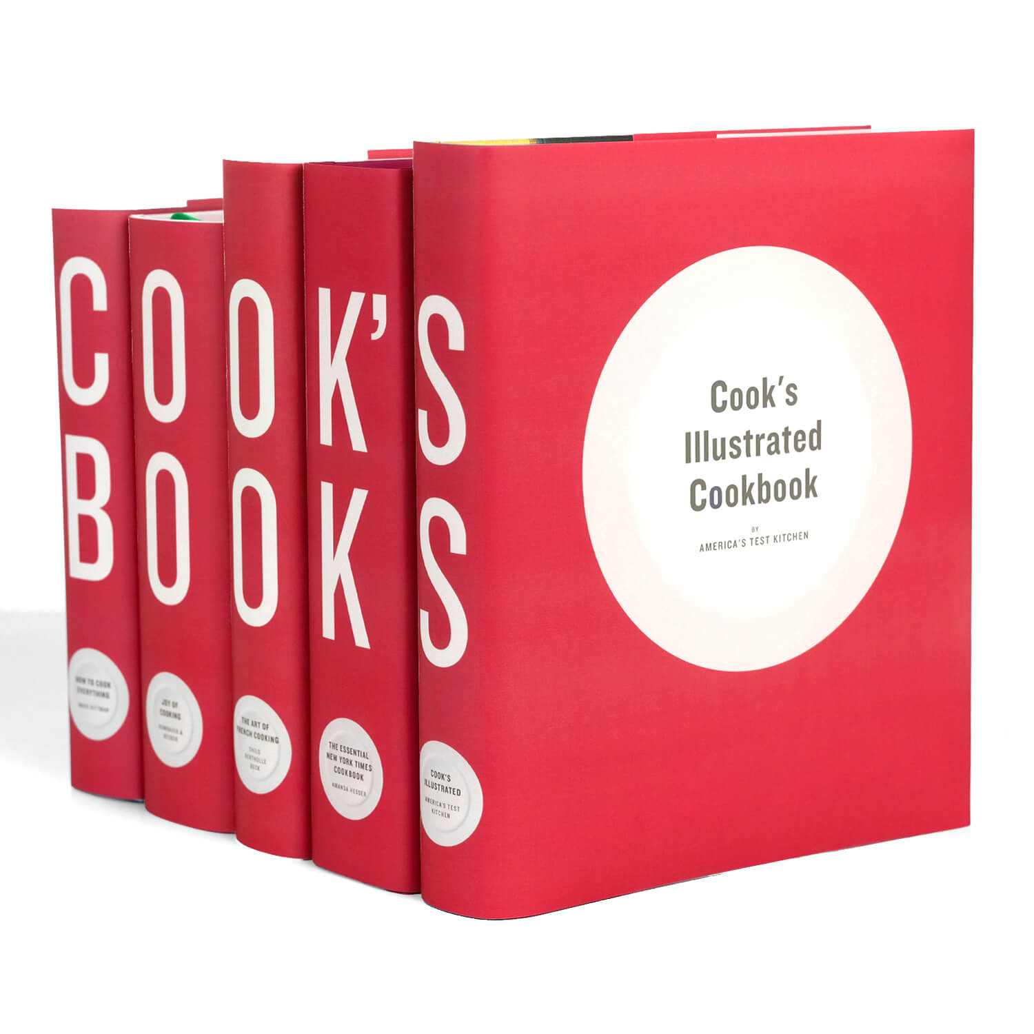 Set of red cookbooks with 'Cook's Books' at an angle, by Juniper Custom