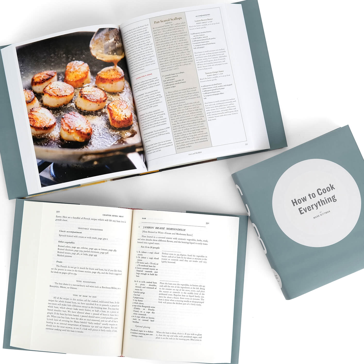 Set of 5 grey open cookbooks with recipes and images of food by Juniper Custom