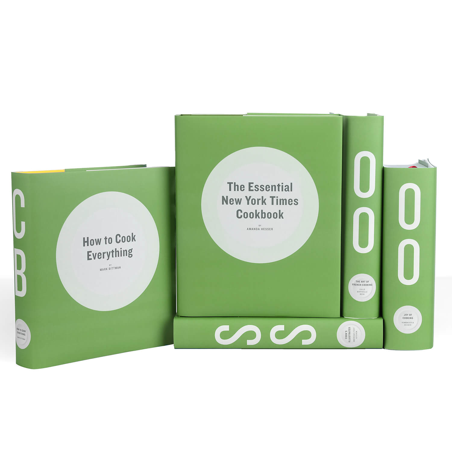 Set of green cookbooks with white text ib display by Juniper Custom