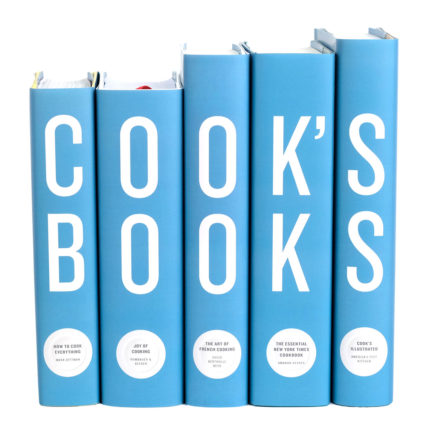 Five blue books titled 'COOK'S BOOKS' on spine by Juniper Custom