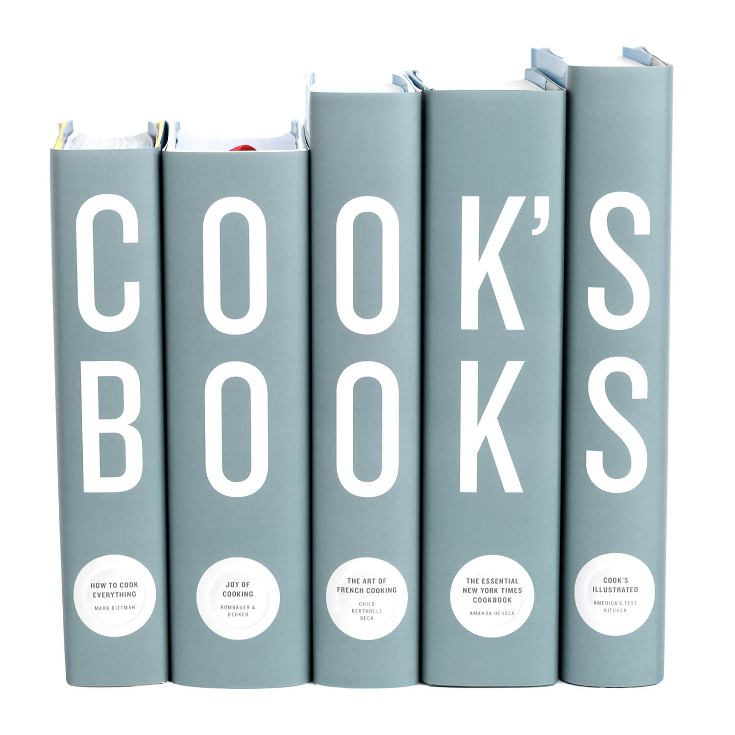 Five grey books titled 'COOK'S BOOKS' on spine by Juniper Custom