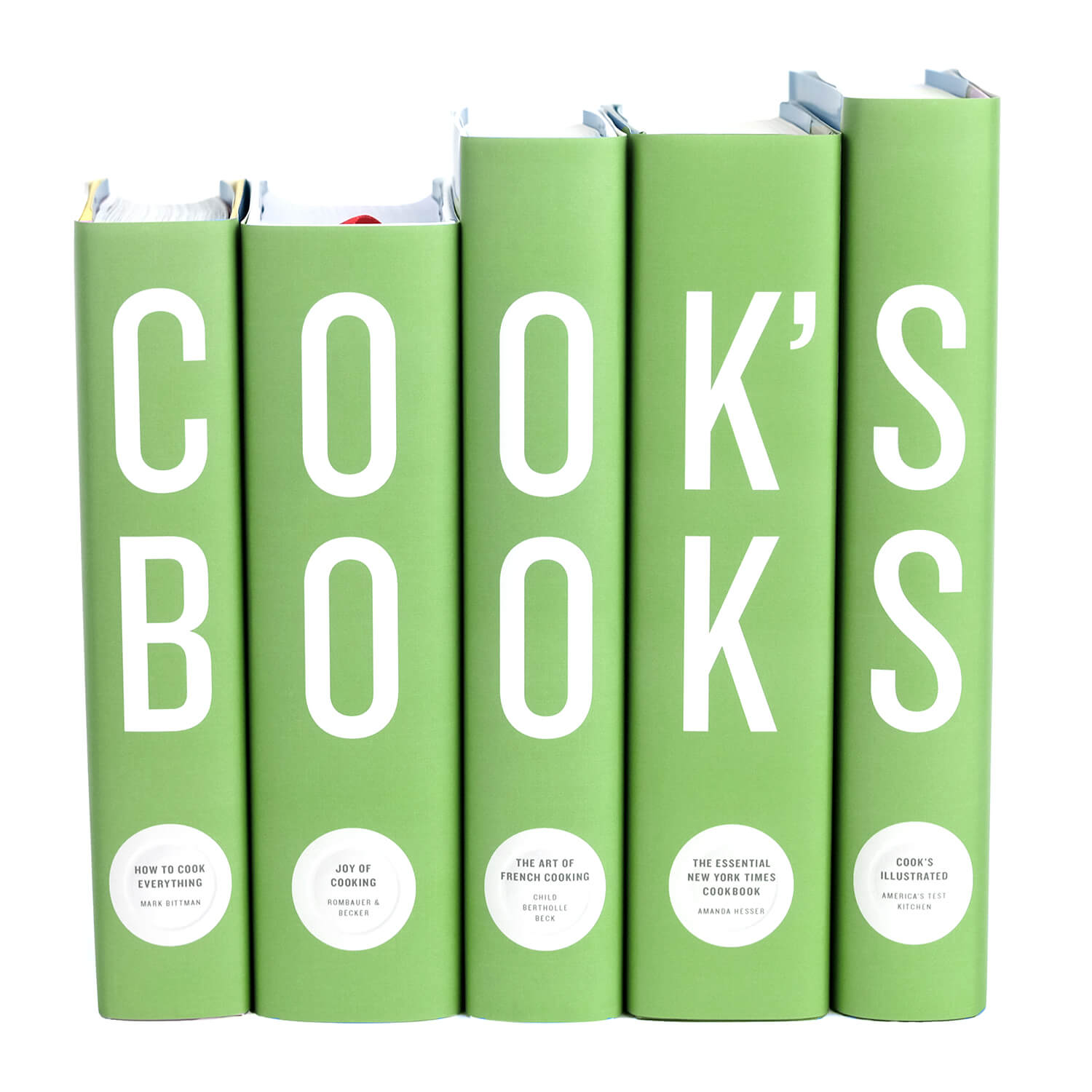 Five green books titled 'COOK'S BOOKS' on spine by Juniper Custom