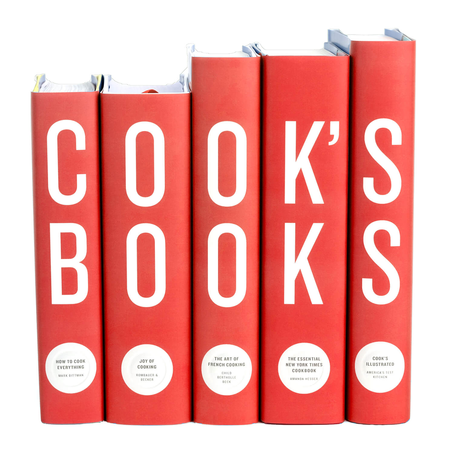 Five red books titled 'COOK'S BOOKS' on spine by Juniper Custom