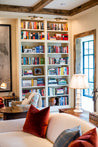 living room reading nook for curated books for a family to enjoy