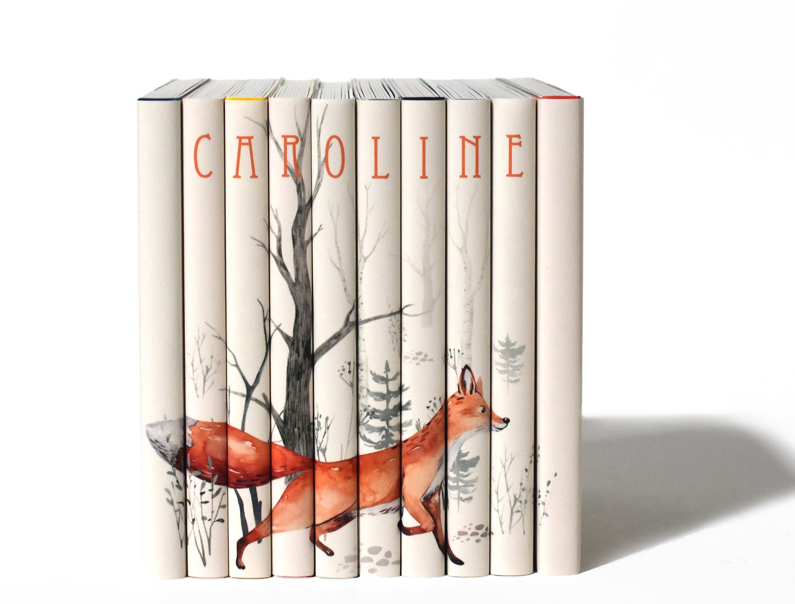 Book titled 'Caroline' with a fox illustration on a white background
