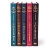 Unjacketed book spines in the Percy Jackson and the Olympians series. Books come in blue, brown, navy, red, and black.