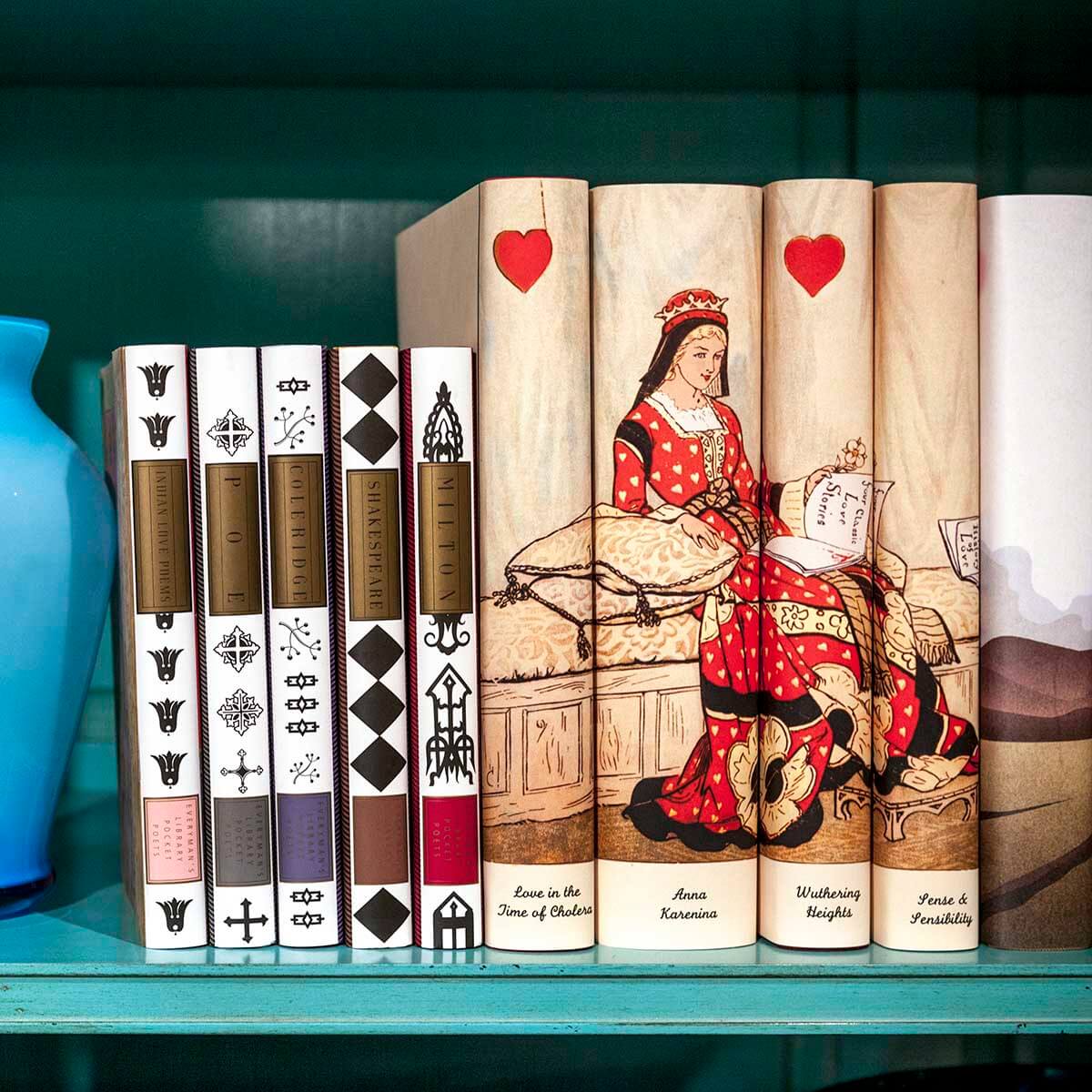 Classic Love Stories Set from JuniperCustom, shown here on a bookshelf.