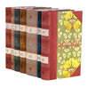 A set of seven hardcover books featuring Nobel Laureates' works, displayed at an angled view. The spines showcase gradient tones in red, green, brown, and blue, with cream title bands and floral motifs. The front cover of the last book reveals a vibrant design of yellow butterflies and floral patterns against a green background.