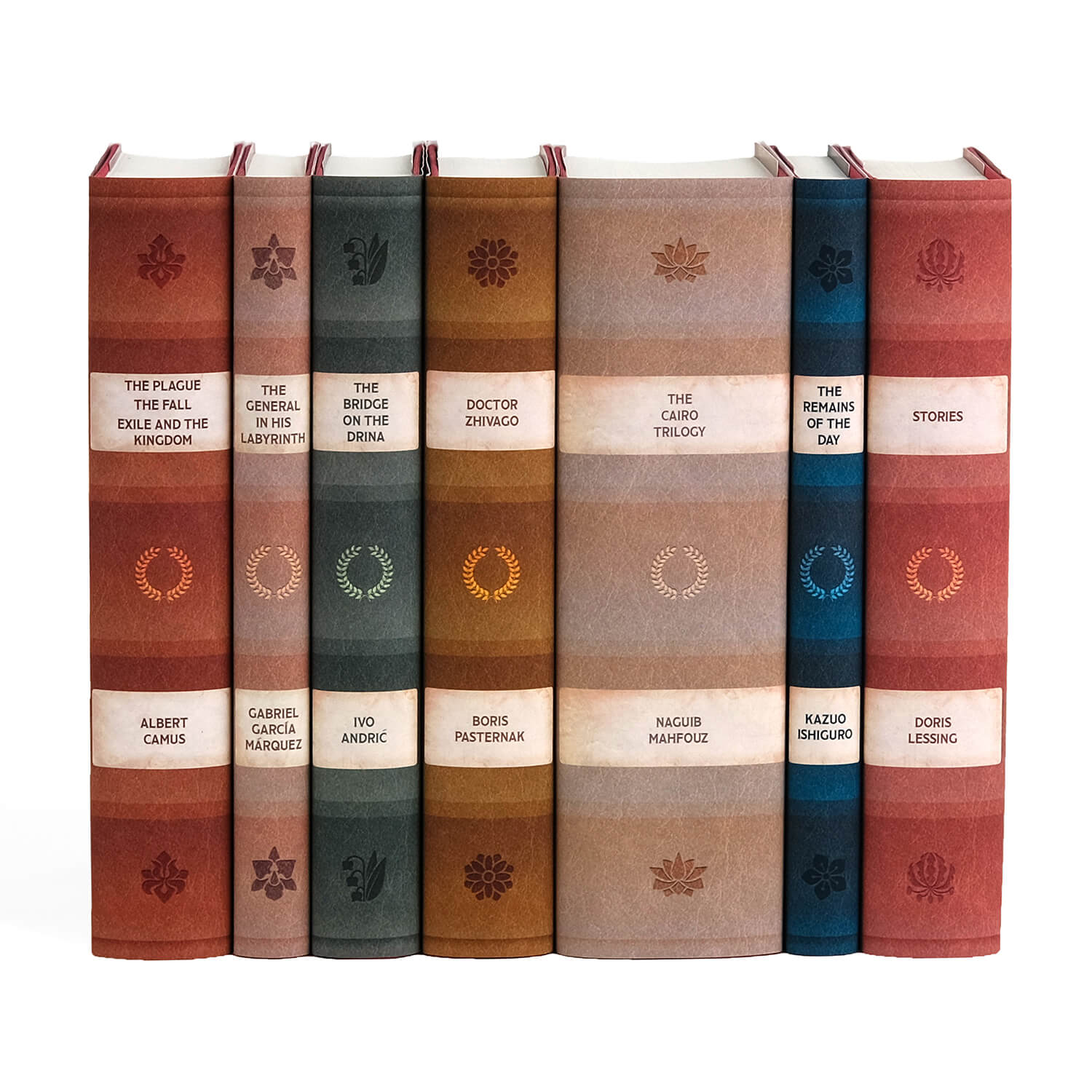 A set of seven hardcover books featuring works by Nobel Laureates, each with soft matte dust jackets in gradient tones of red, orange, green, and blue. The spines display minimalist floral motifs and title bands in cream, highlighting classic titles such as The Plague, Doctor Zhivago, and The Remains of the Day.