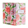 Angled view of five hardcover books from Spring Floral Influential Women Book Set from Juniper Custom. The dust jackets form a continuous illustration of bright watercolor roses. The book title is prominently displayed in a white box outlined in burgundy set against a background of more watercolor roses on the front cover of the rightmost book.
