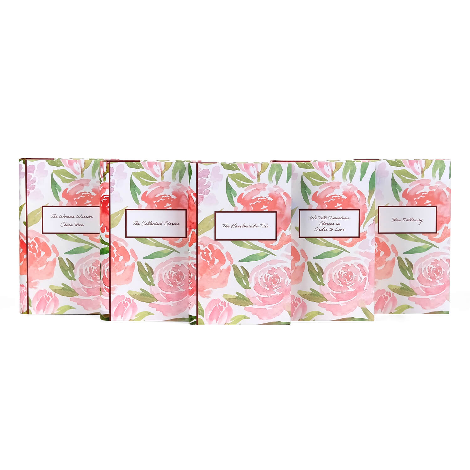 Front view of the covers in the Spring Floral Influential Women Book Set from Juniper Custom. The covers feature bright watercolor roses and book titles against a white rectangle outlined in burgundy.