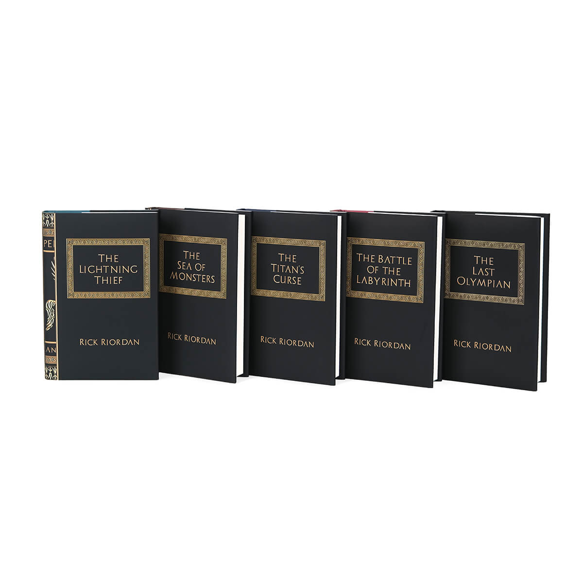 Custom collectible dust jackets for Percy Jackson and the Olympians by Juniper Custom. Black covers feature embossed style ornaments, book title, and author name. 