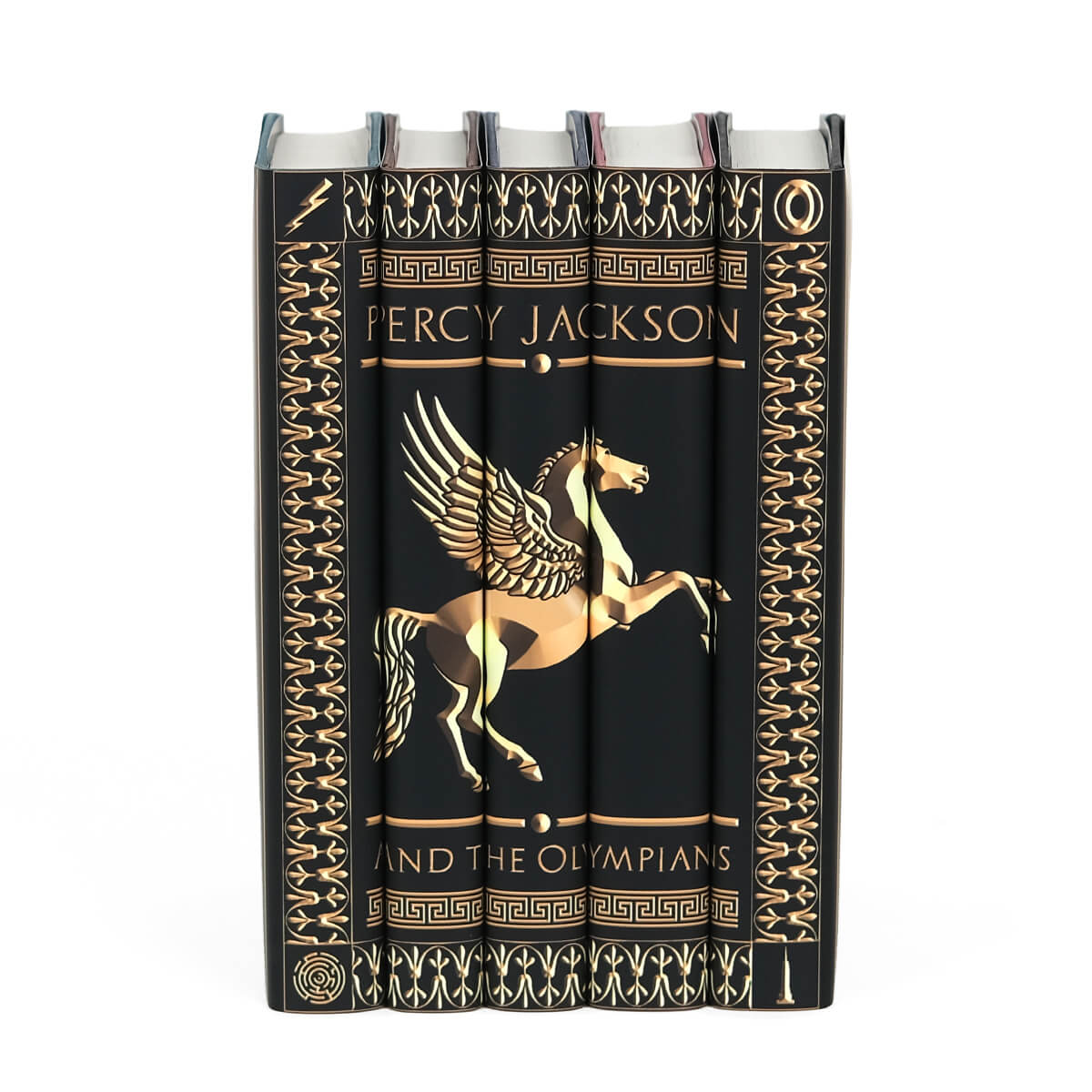 Custom collectible Percy Jackson dust jackets from Juniper Custom. The solid black covers feature an gold embossed style illustration of a pegasus surrounded by ornamental borders with the series title across the spines.