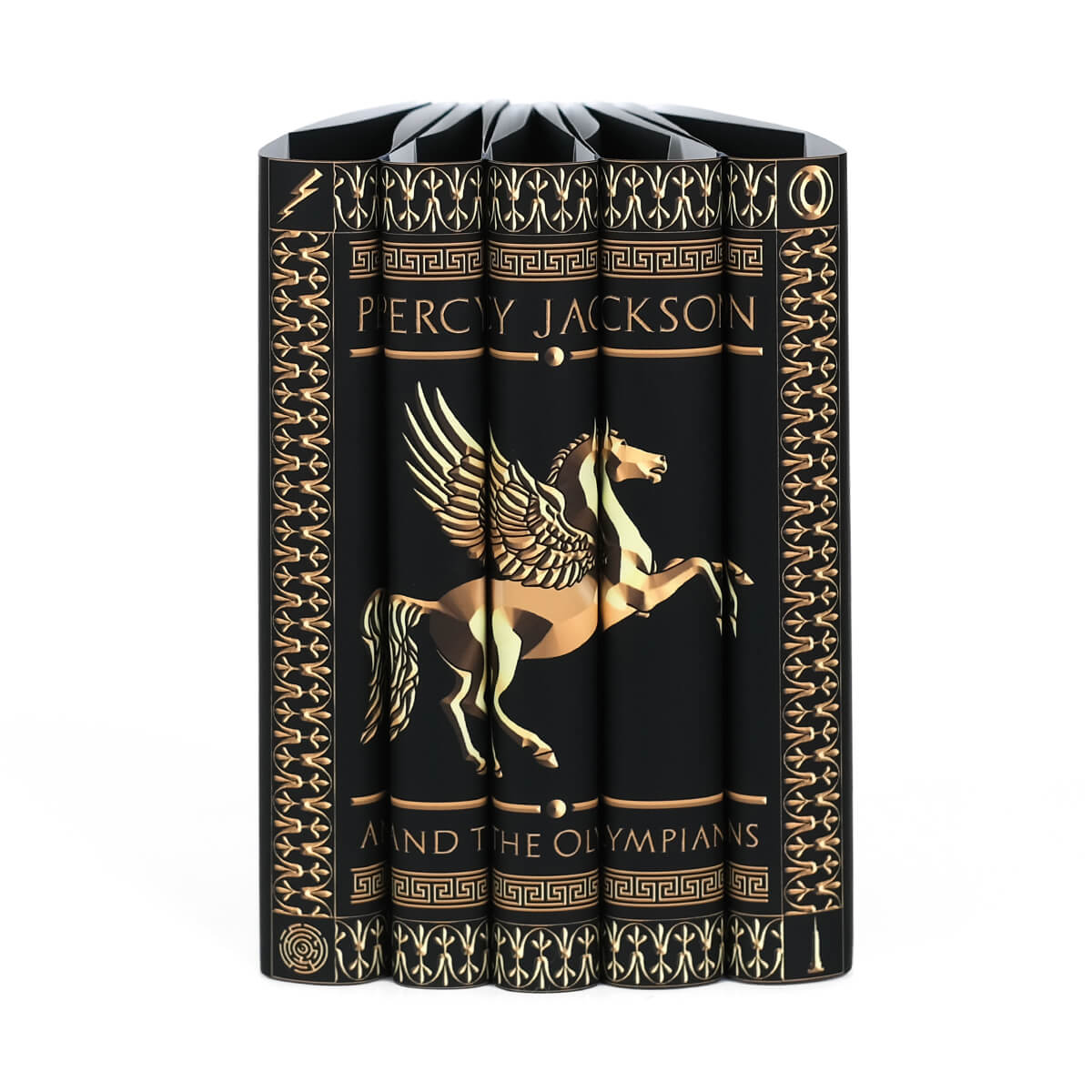 Custom collectible Percy Jackson dust jackets from Juniper Custom. The solid black covers feature an gold embossed style illustration of a pegasus surrounded by ornamental borders with the series title across the spines.