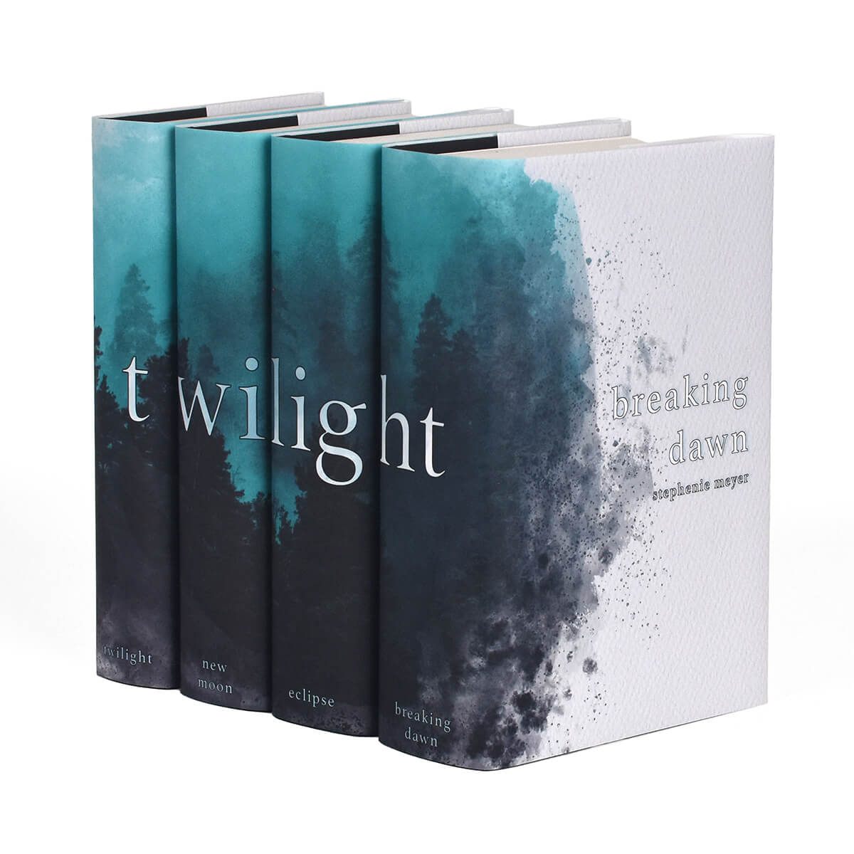 Twilight Saga four book set from Juniper Custom. Twilight typed across spines in white serif font set against a blue and gray watercolor style foggy pine forest. Book title centered at the bottom of each spine.